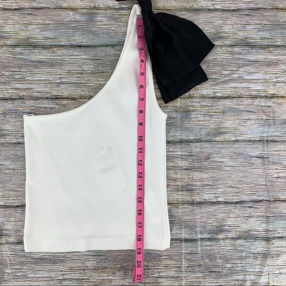 Zara NWT White One Shoulder Ribbed Top with Black Satin Shoulder Bow, Medium - Picture 14 of 16